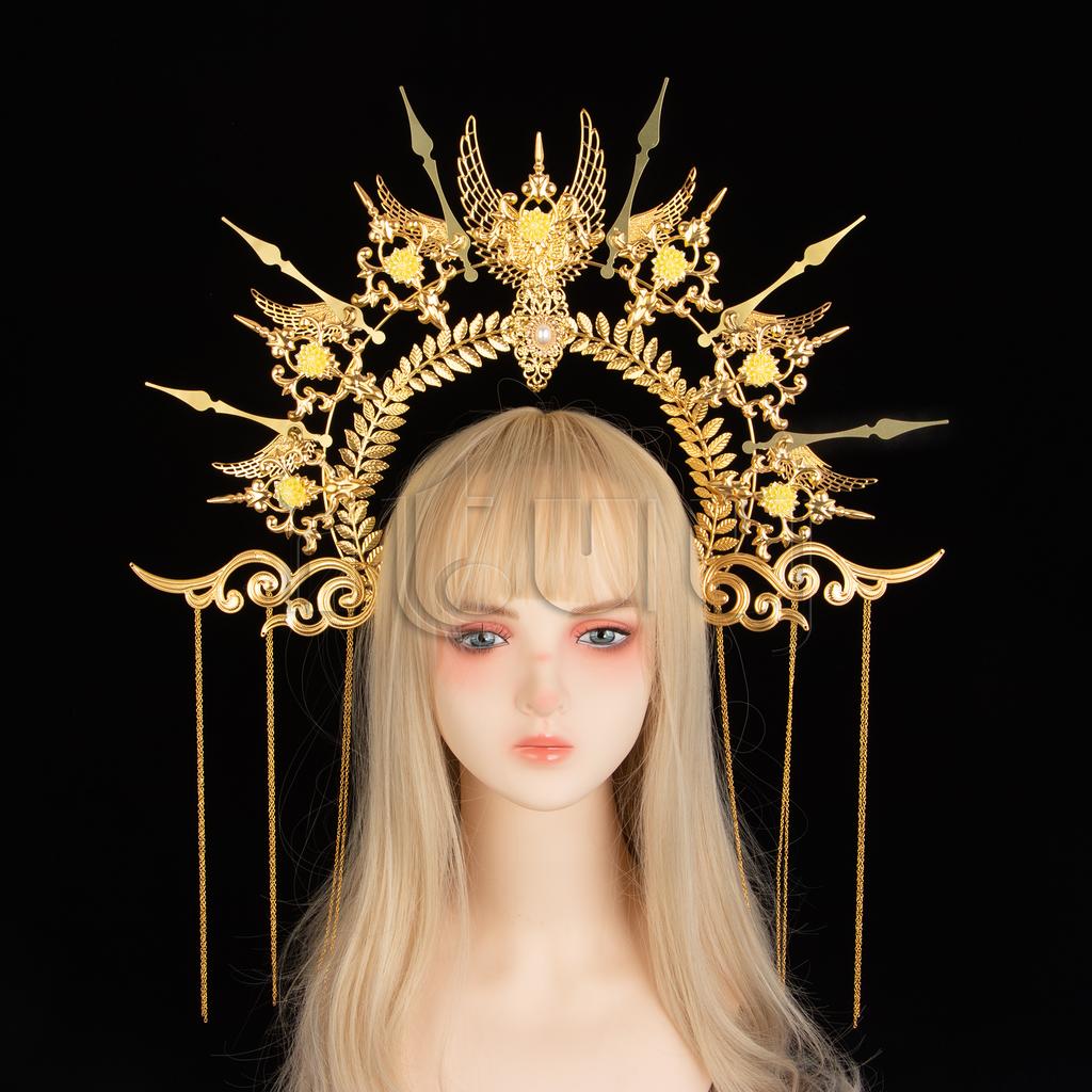 Gothic Lolita Halo Punteggiato Fascia per Capelli Corona Dea del Sole Fascia per Capelli Tiara Regina Anna Festa di Halloween Natale Filo d'Angelo Barocco