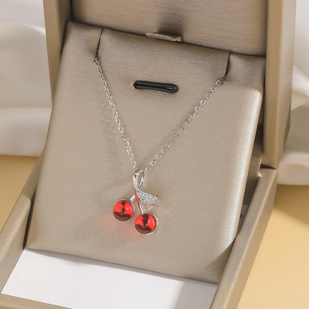 Red Cherry Pendant Necklace, Japan & Korea Trend, Summer 2025 Fashion, Women's Titanium Steel Clavicle Chain