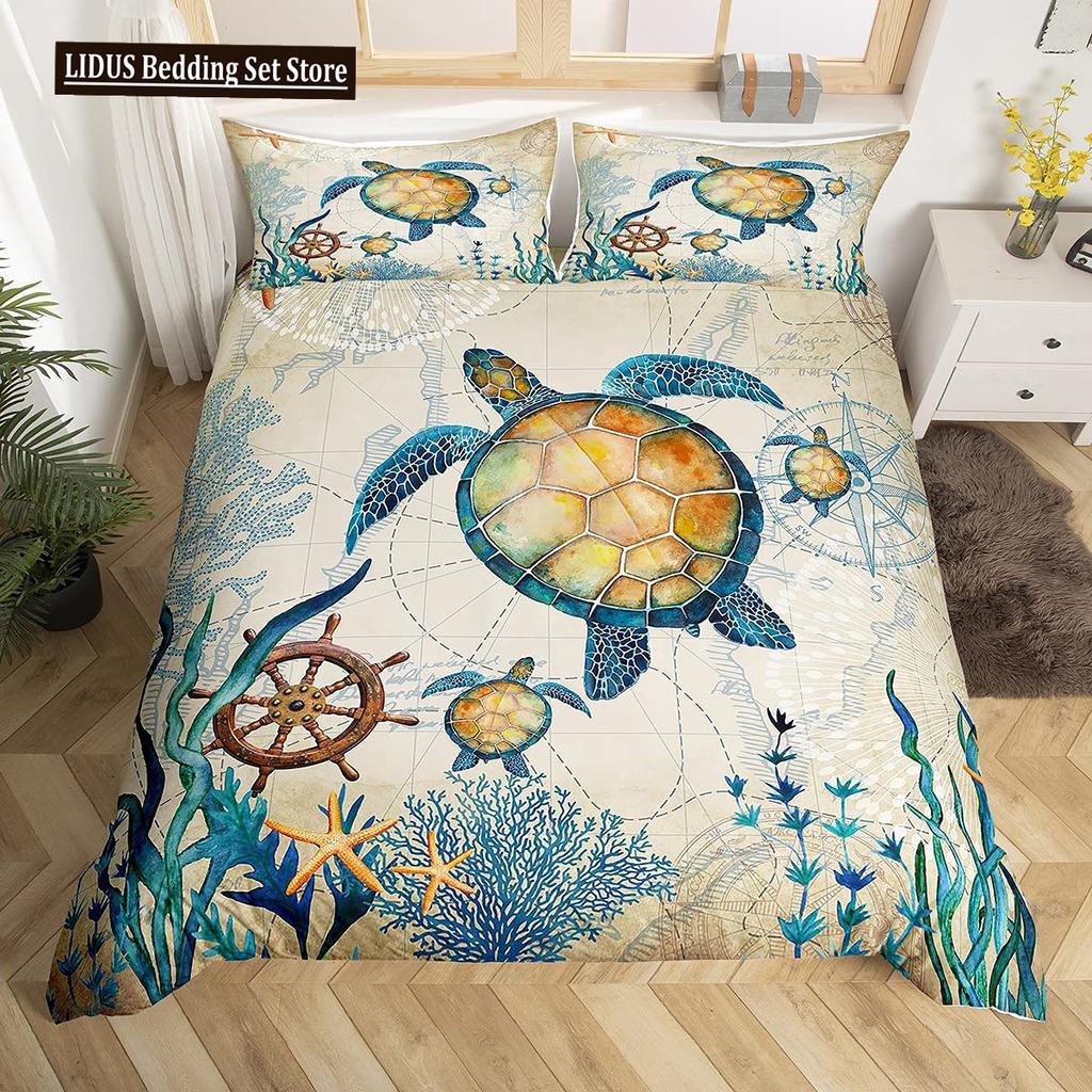 Sea Turtle Duvet Cover Set King Size Watercolor Tortoise Butterfly Comforter Cover For Boys Girly Dreaming Style Bedding Set