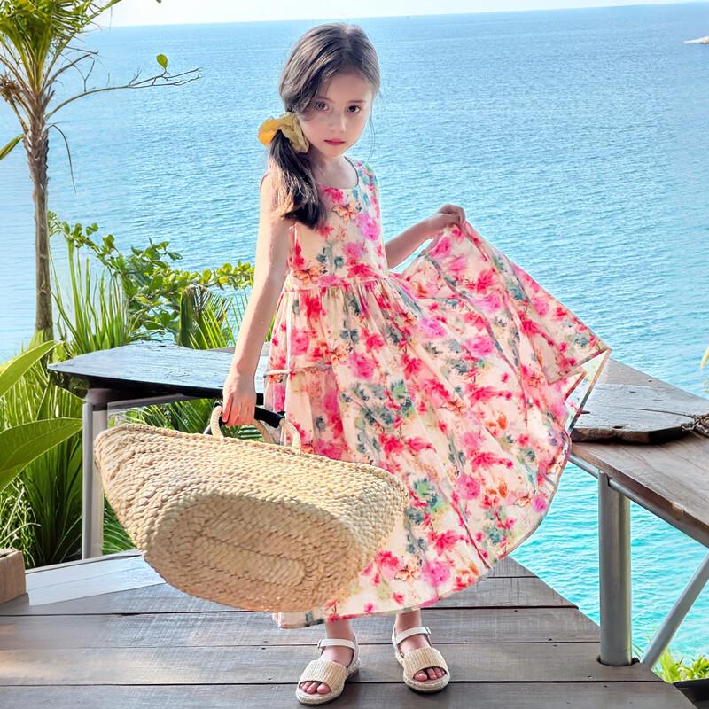 Girls' Pink Floral Cotton Sleeveless Princess Dress