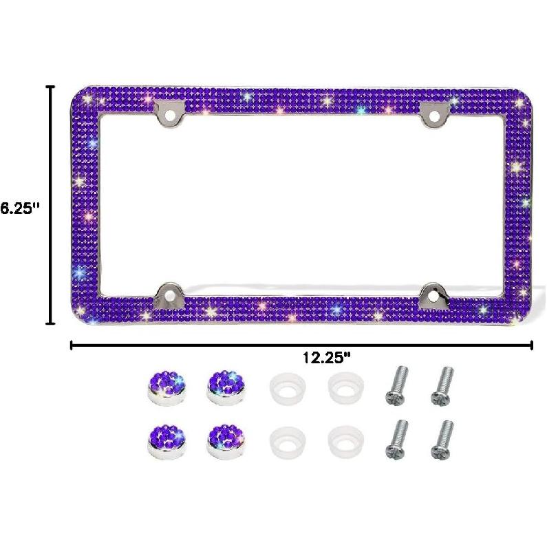 Otostar Bling License Plate Frame, Handcrafted 4 Rows Shiny Rhinestones Stainless Steel 4 Holes License Plate Frame With Anti-Theft Screws Caps Set