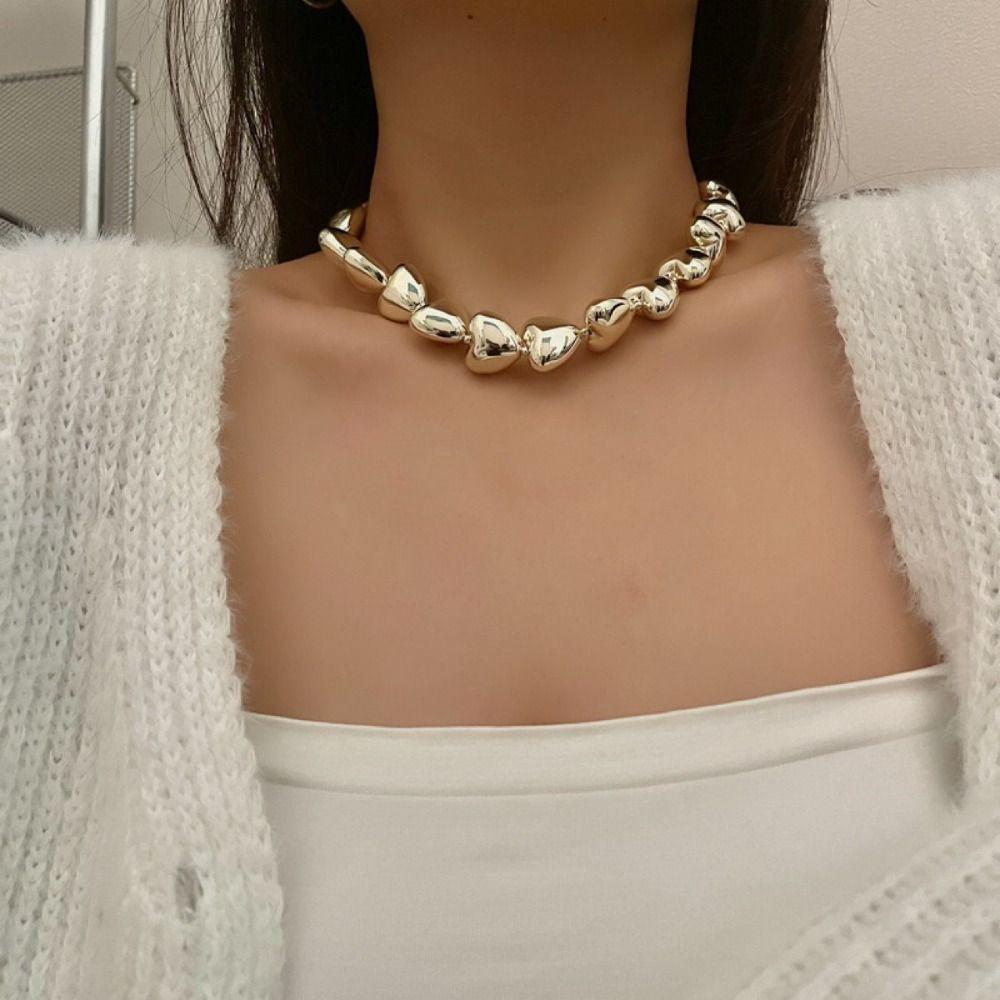 Silver 3D Heart Neck Chain Elegant Love Patchwork Necklace Love Collarbone Chain  Girls