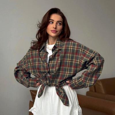 Damen Retro Karomuster Langarm Strickjacke Hemd - Vielseitiger europäischer und amerikanischer Stil