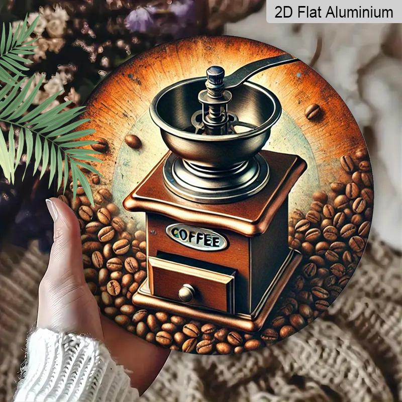 2D Flat 1pc, 8x8 In, Vintage Coffee Grinder and Bean Metal Aluminum Wall Art, Waterproof and Dustproof, Multipurpose Round Wall Hanging for Home