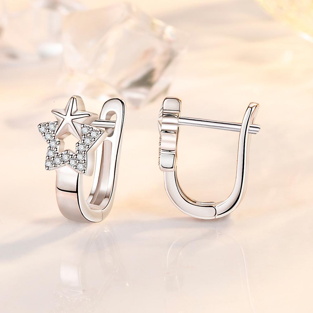 Fashion Single Row Zircon Pentagram Earrings Girls Silver Plated Ear Rings Simple Geometric Diamond Earrings