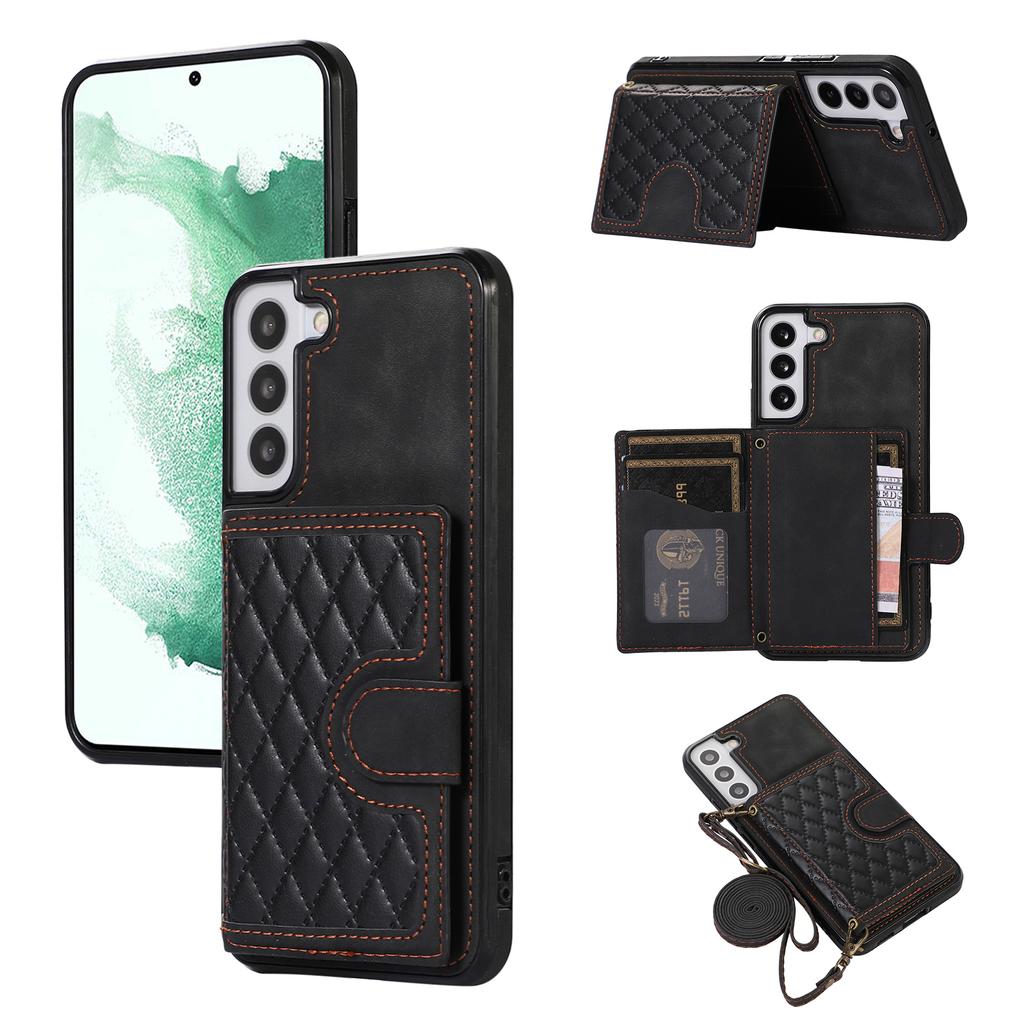 For Samsung Galaxy S21 FE 5G Kickstand Phone Case TPU+PU Leather Shoulder Phone Bag