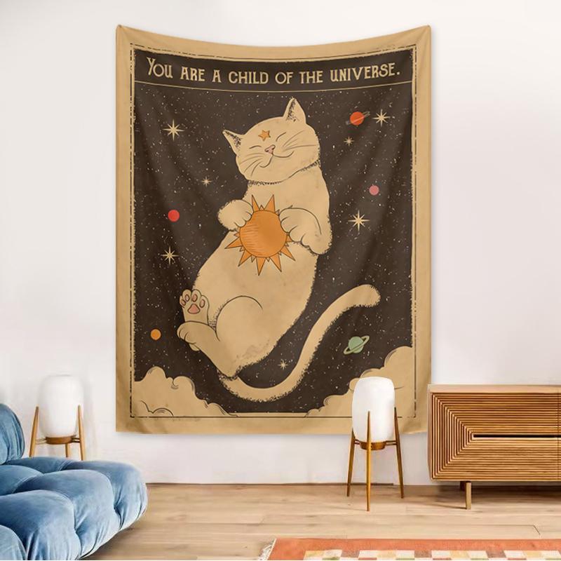 

VIKAMA Cosmic Child Tapestry Embrace the Sun Starry Sky Cat Planet Children s Room Study, Spiritual Space Room Decor 40X60CM(1.3X2FT