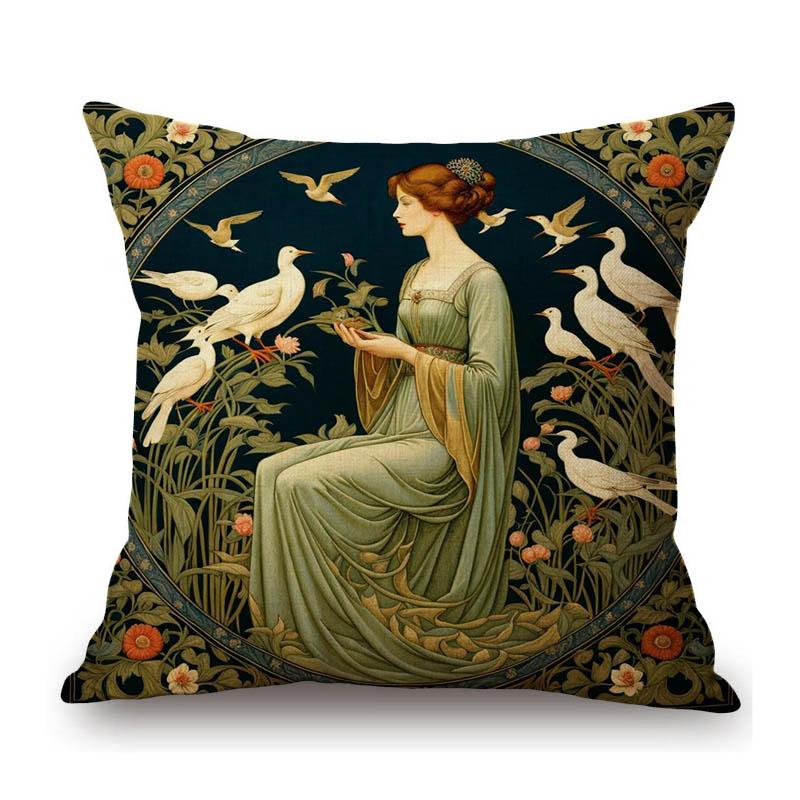 Renaissance Pre-Raphaelitism William Morris Round Stained Glass Window Elegant Lady Girl Decoration Pillow Case Cushion Cover