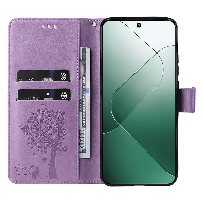 

For Xiaomi 14 Phone Case with Stand Cat Tree Pattern Leather Wallet Mobile Cover Purple