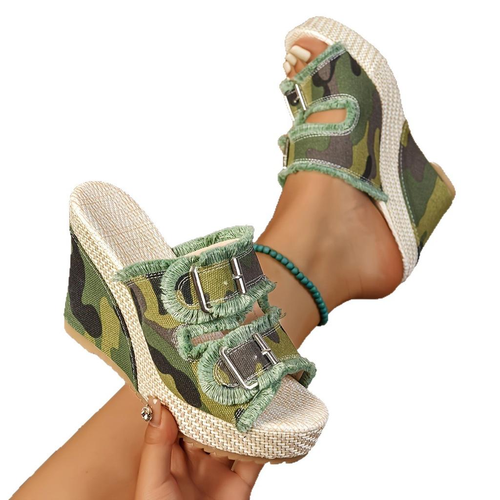 Belt Buckle Wedge Heel Fish Mouth Sandals Women's Denim Platform Slippers Summer Fashion Outer Wear Cool Slippers