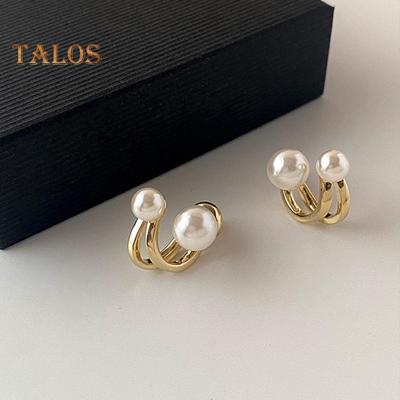 1 Pair Huggie Earrings Faux Pearl C-shape French Style Retro Hollow Anti-allergy Electroplated Lightweight Stainless Ear Decoration Jewelry Commute