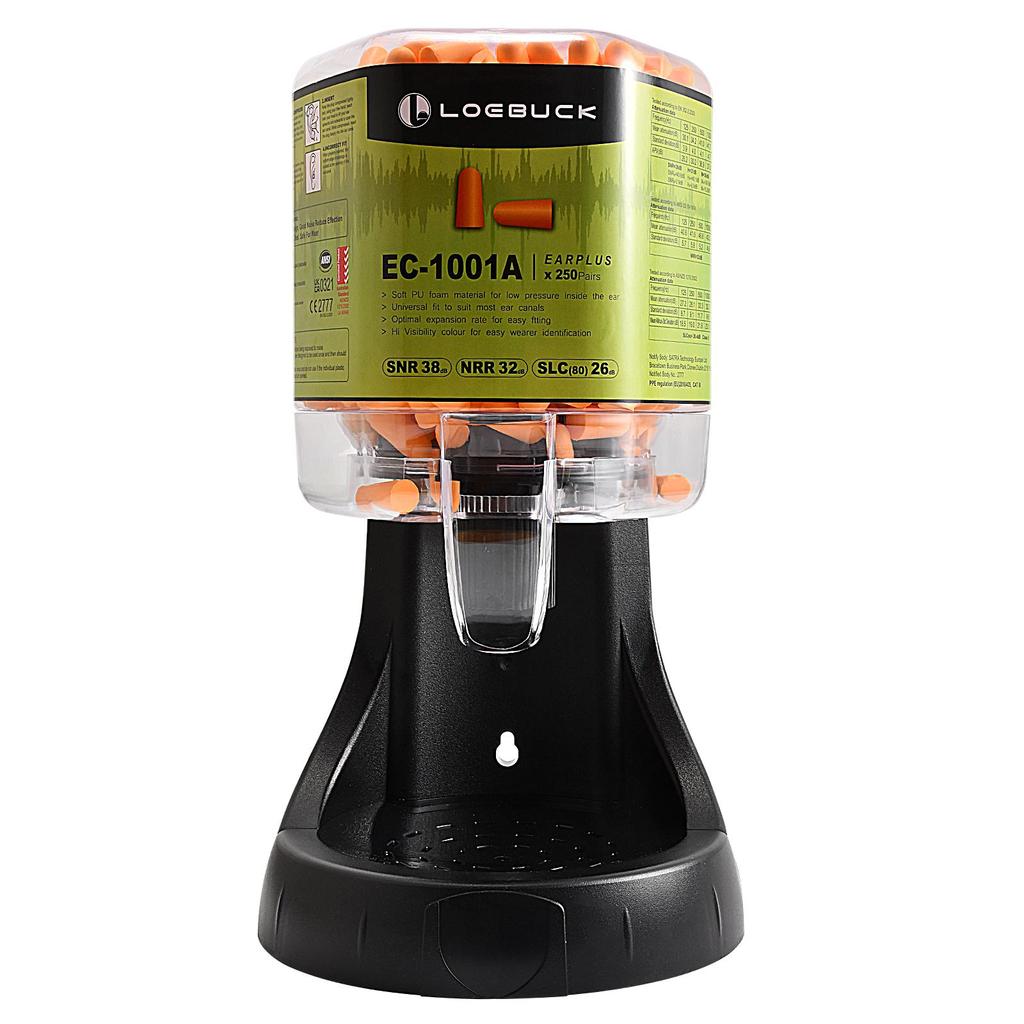 LOEBUCK Earplug Dispenser Station for Sound Suppression/Hearing Protection - Pre installed 500 Earplugs - Wall mounted/Desktop Design (Model EPD-500)