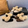 Baotou Large Size Autumn and Winter Velvet Square Head Slippers Suede Solid Color Thick Heel Fluffy Shoes Lazy Shoes Casual Fashion Women's Drag