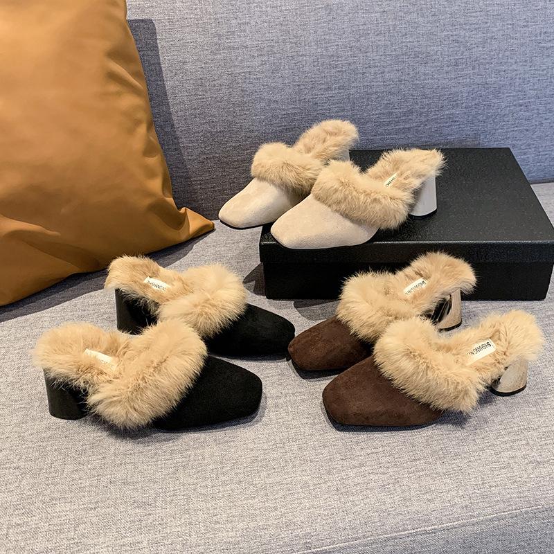 Baotou Large Size Autumn and Winter Velvet Square Head Slippers Suede Solid Color Thick Heel Fluffy Shoes Lazy Shoes Casual Fashion Women's Drag