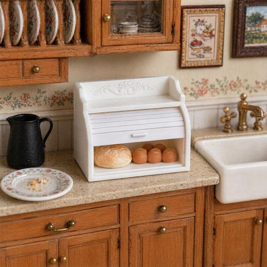 Miniature Cabinet with Breads, Tiny Rolling Shutter Cabinet, Realistic Mini Breads, Pretend Play Toys Furniture for 1/12 Scale Doll Mansion