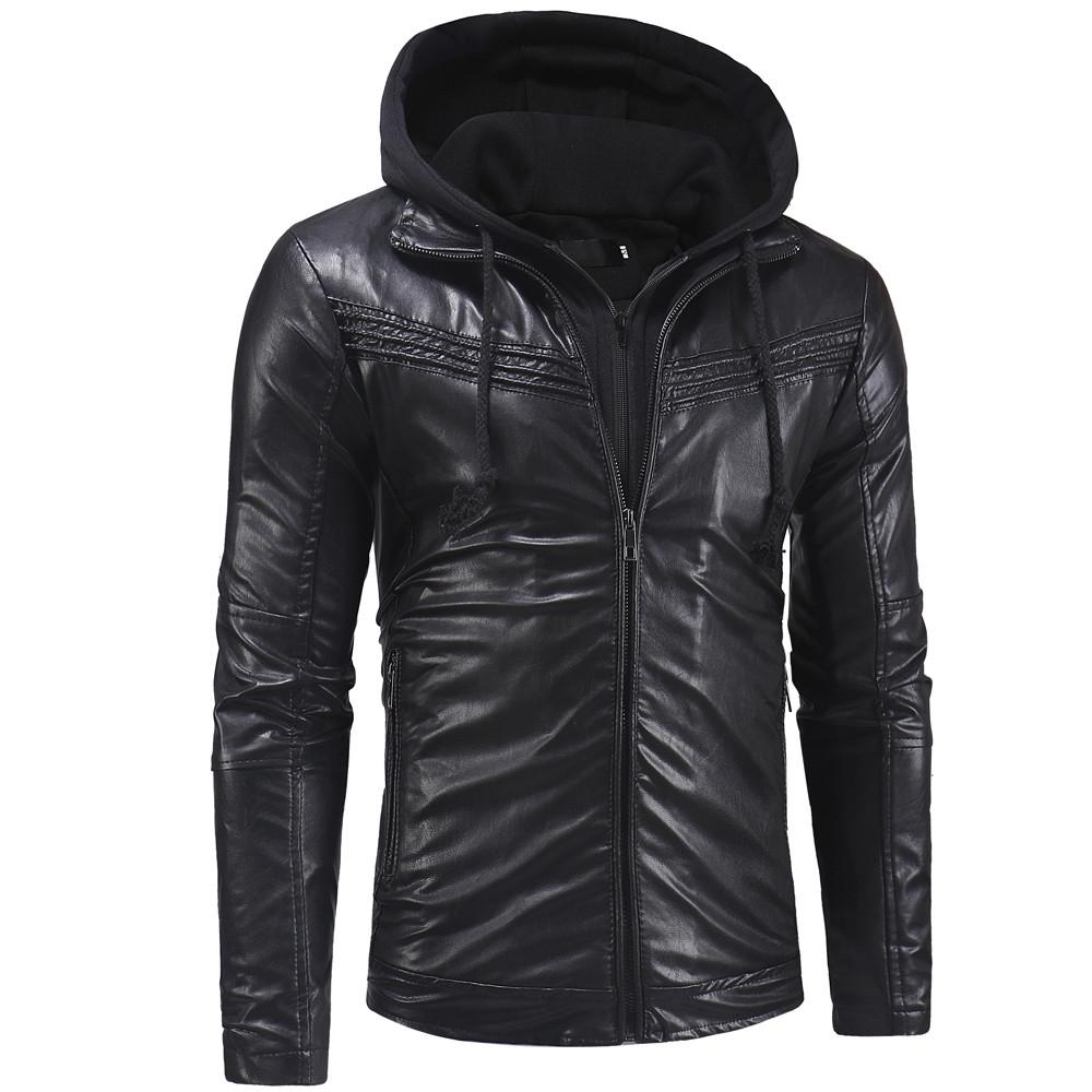 Men's Winter Casual Hooded Leather Zipper Long Sleeve Jacket Coat Tops