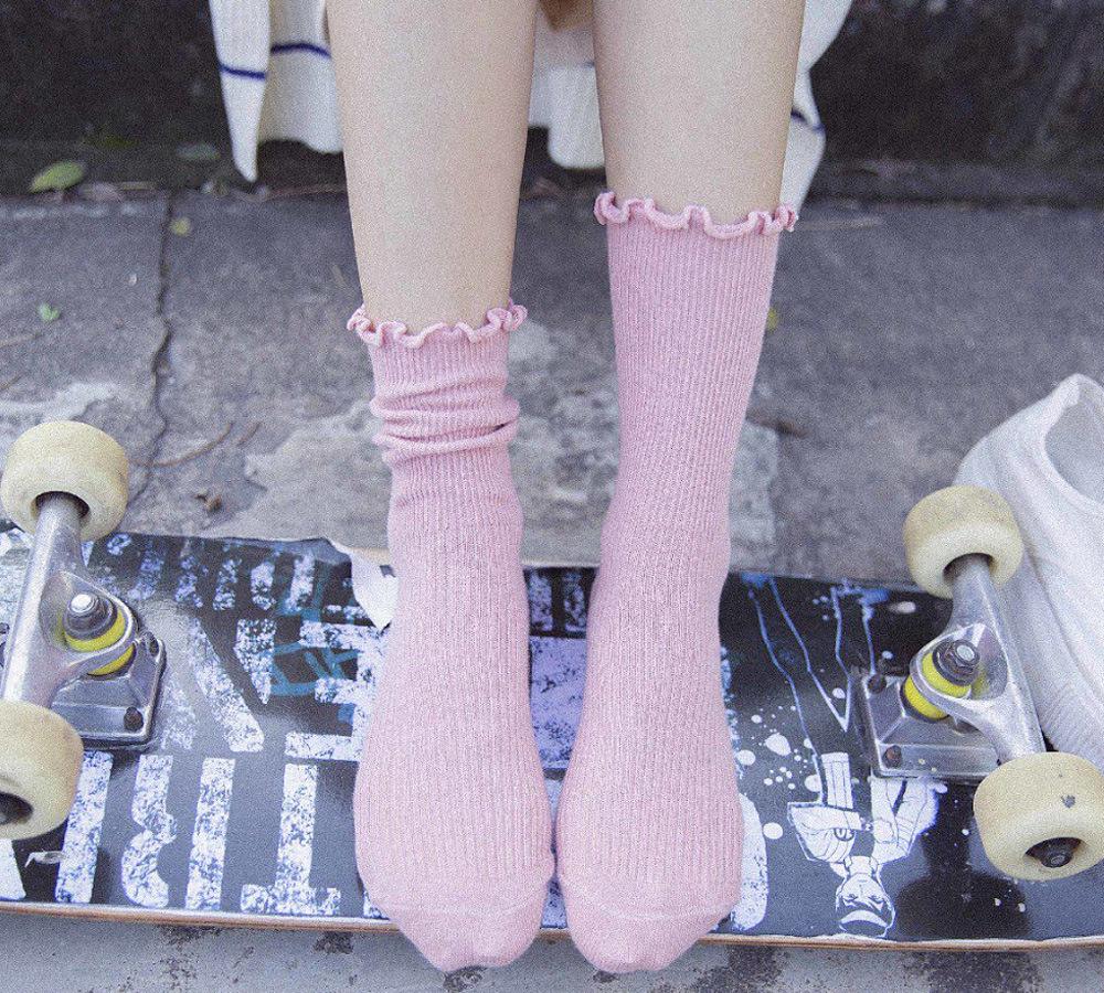 Șosete Dama Stil Japonez Culoare Solidă Până la Mijlocul Gambei Bumbac Striat