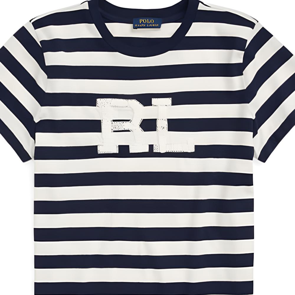 Polo Ralph Lauren SS22 T-shirt da donna a maniche corte con scollo rotondo e strisce con logo Blu WMPOKNINCU20434-410