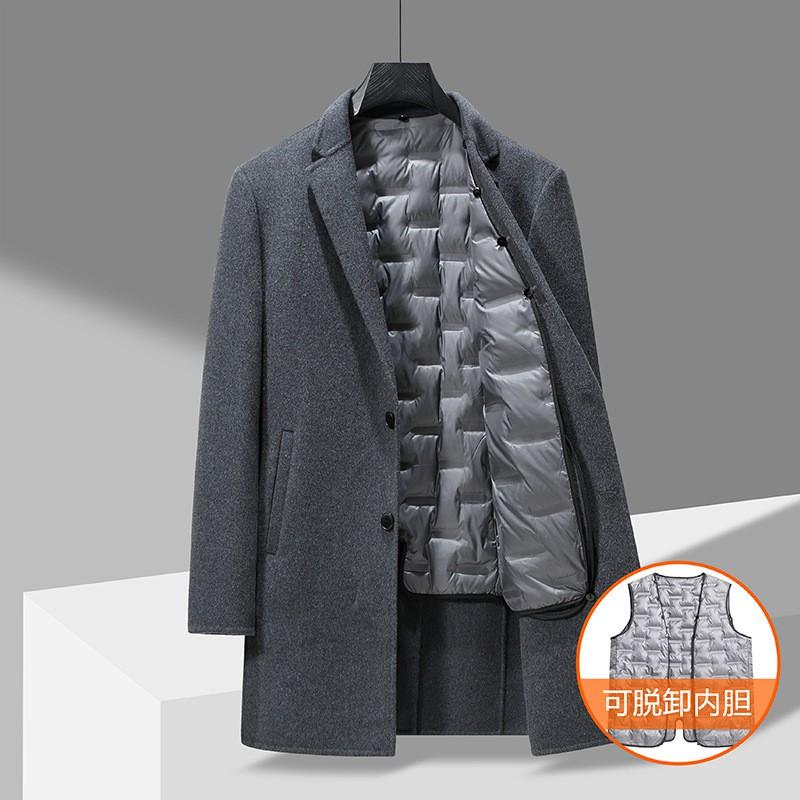 Mens Wool Blend Double-Sided Coat With Removable Down Vest Inner Layer Winter Warm Thick Outerwear
