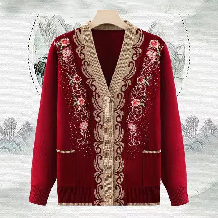 Ethnic Style Women's Thick Cardigan  Autumn Winter Embroidered Rhinestone V-Neck Knit Cardigan