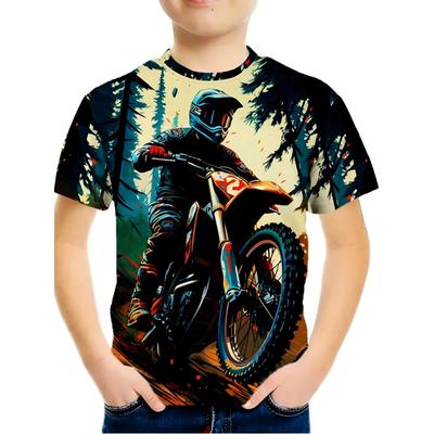 T-shirt Estive a Girocollo con Stampa 3D di Motociclette e Auto, Top alla Moda Casual a Maniche Corte per Bambini e Ragazzi