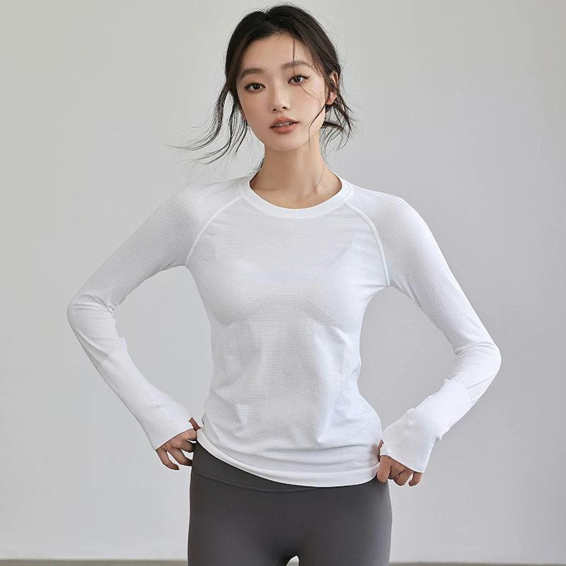 Women's Seamless Long-Sleeve Sports Top for Running & Yoga - Quick-Dry Elastic Knit Crew Neck