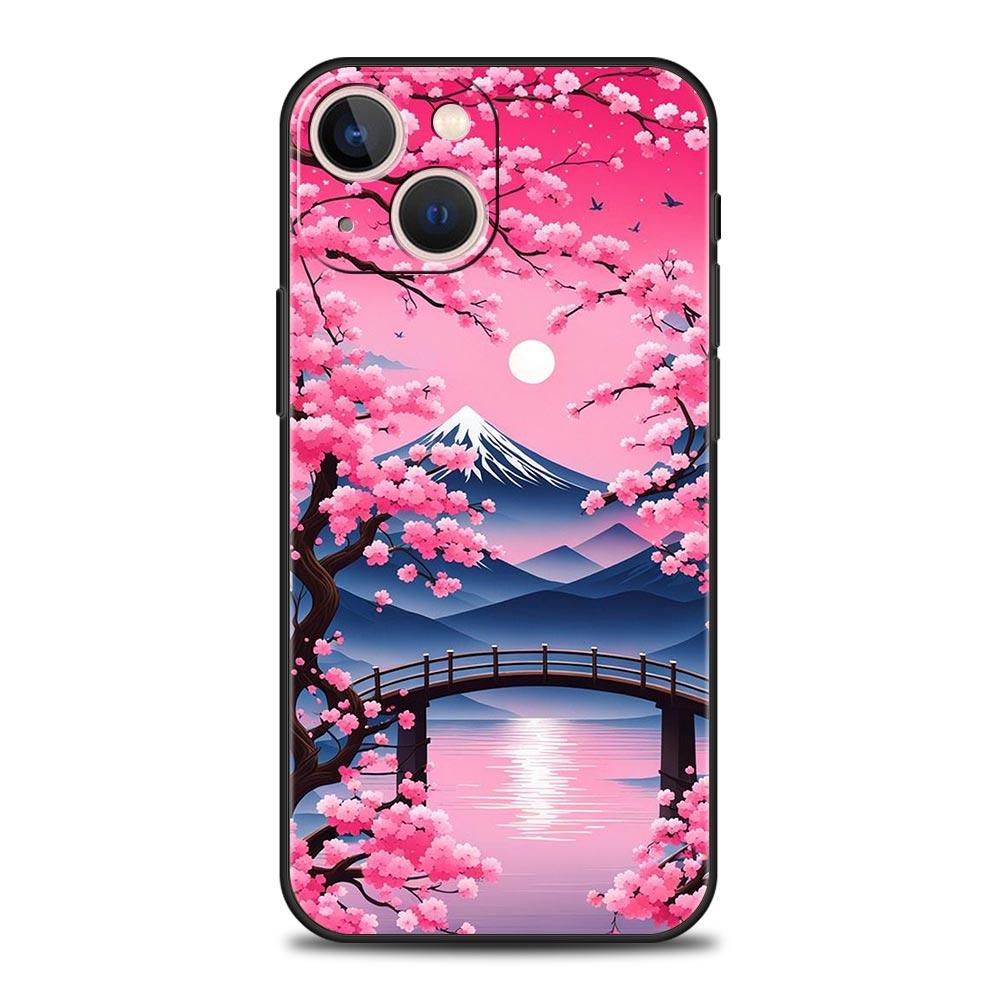 Coque de téléphone Rose Fleurs de Cerisier Printemps Pour iPhone 17 16 15 Pro Max 11 12 13 14 7 8 Plus SE 2020 X XR XS Cover Souple Noir