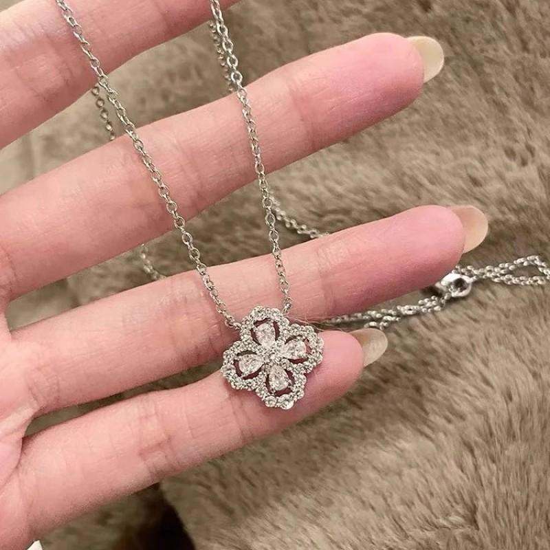 Sterling Four Leaf Clover Pendant Necklace Set With Cubic Zirconia Minimalist Elegant Chain Women