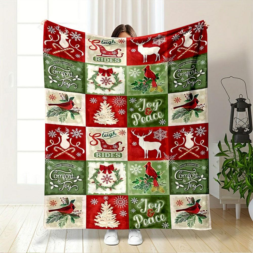 Festive Holiday-themed Squares with Reindeer, Sleighs, Wreaths, and Cardinals. for All Seasons Blanket Lunch Break Throw Gift
