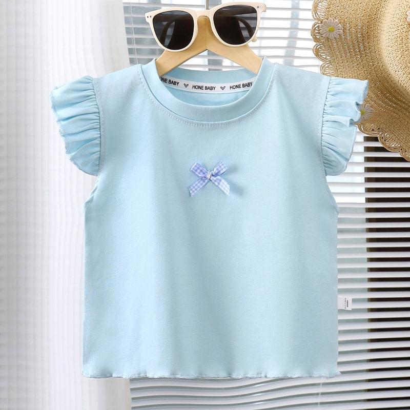 Toddler Flying Sleeve Top Summer Cotton Bow T-Shirts Casual Crewneck Vest Tops Basic Blouse Girls Clothes 80