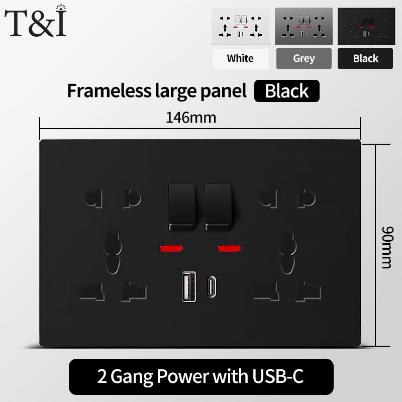Universal Wall Socket with USB-C USB Charger & Switches- 2 Gang Power Outlet With LED, Flush Mount, AC 110-250V