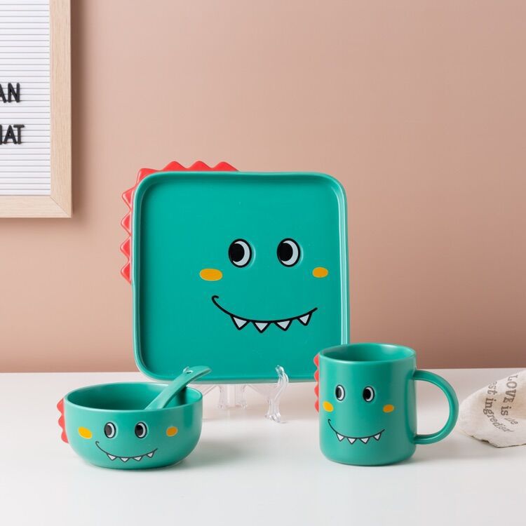 

Посуд у корейській версії Креативний набір керамічного посуду з милим мультяшним динозавром Дитяча домашня миска для сніданку Тарілка Кружка з молоком зелений