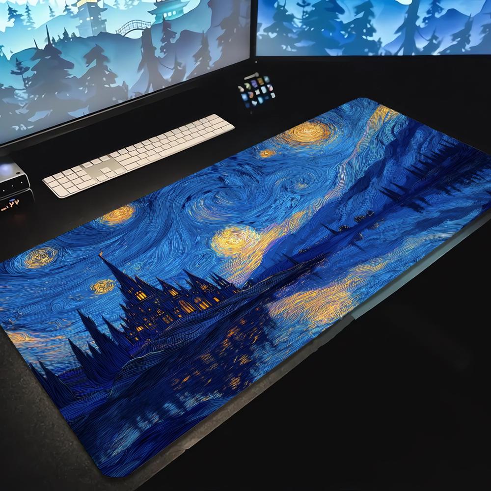 XXL Oil Painting Pattern Gaming Mouse Pad, Non-Slip Edge-Locked Rubber Keyboard Rug, Extra Large Office Decorative Desk Mat