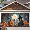 Halloween Garage Banner with Skulls, Cute Cats and Pumpkins - Bright Polyester Material, Outdoor Holiday Exterior Decoration