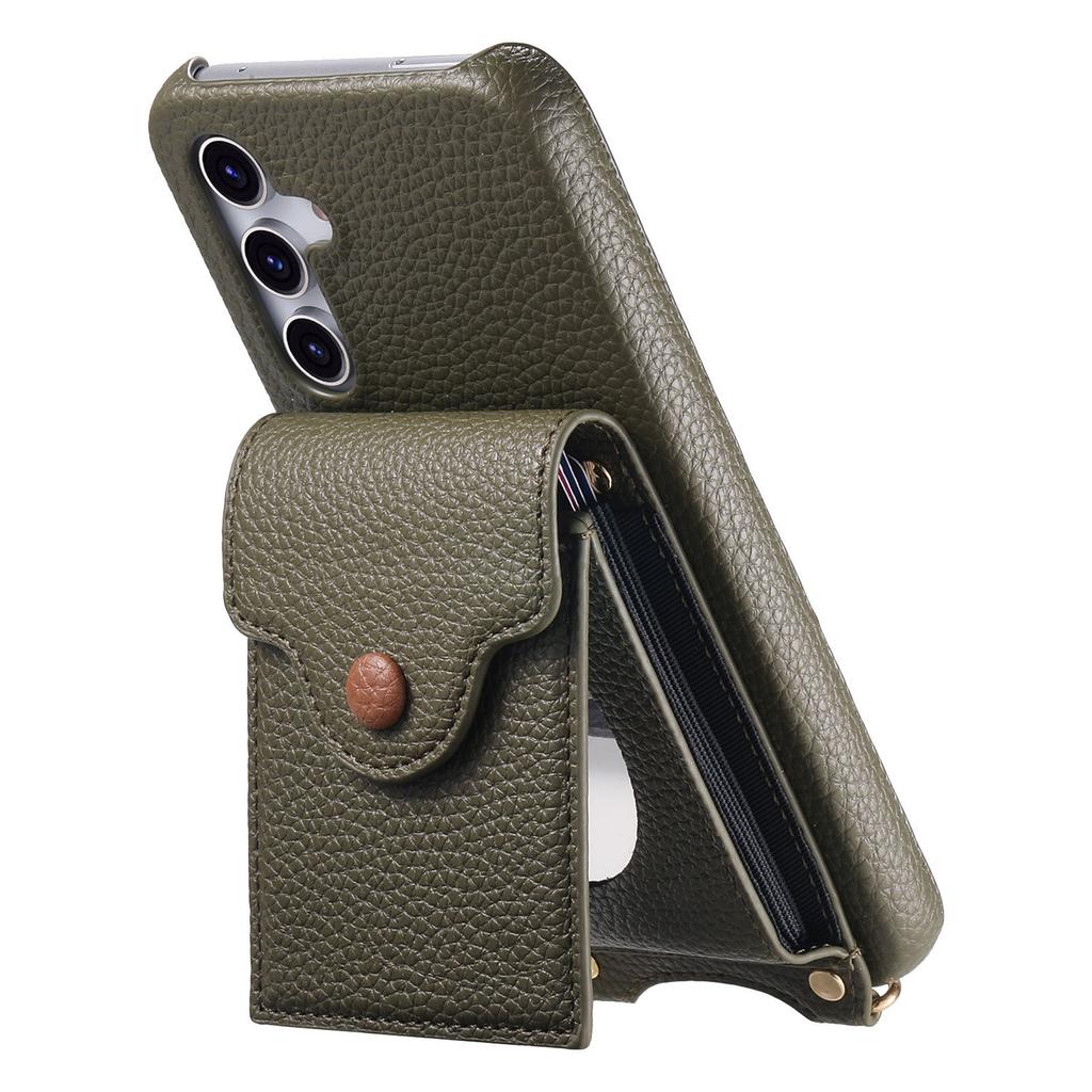 For Samsung Galaxy A16 5G/4G Case Mirror Card Holder Litchi Texture Leather Phone Back Cover with Long Strap