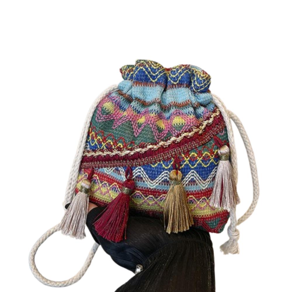 

Portable Tasseled Handbag Floral Printed Woven Bucket Bag Gift Women Shoulder Bag Outdoor синий