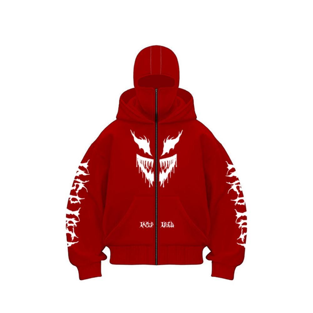 

Мужская куртка Осень и Зима дьявол Принт двухголовая молния С капюшоном Флис Универсальный Спортивный Повседневный Свободный Свитер с капюшоном XXXL