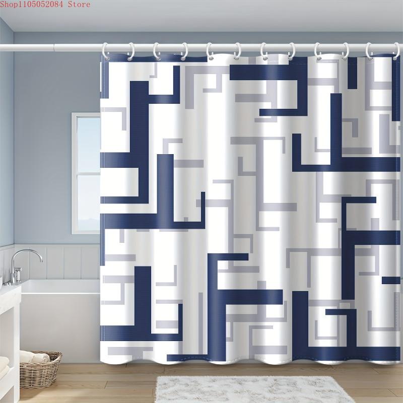 

1pc blue geometric image shower curtain abstract art - With Hooks Waterproof Mildew Proof Easy Install Washable 90x180cm