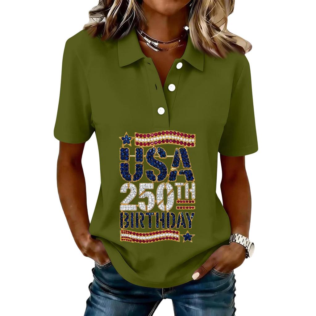 Women's Casual Short Sleeve Button Polo Shirt USA 250th Anniversary Print Relaxed Fit Lightweight Summer Top
