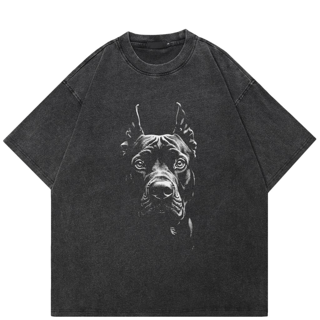 Streetwear Dog Graphic T-Shirt Cotton Washed Black Tshirt Unisex Tops Tees Summer Short Sleeves T Shirt