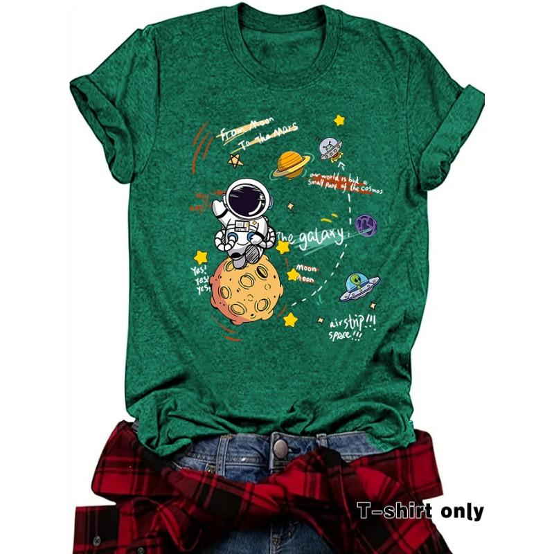 Damen T-Shirt mit Astronauten-Print Kurzarm Lockeres Mode-T-Shirt