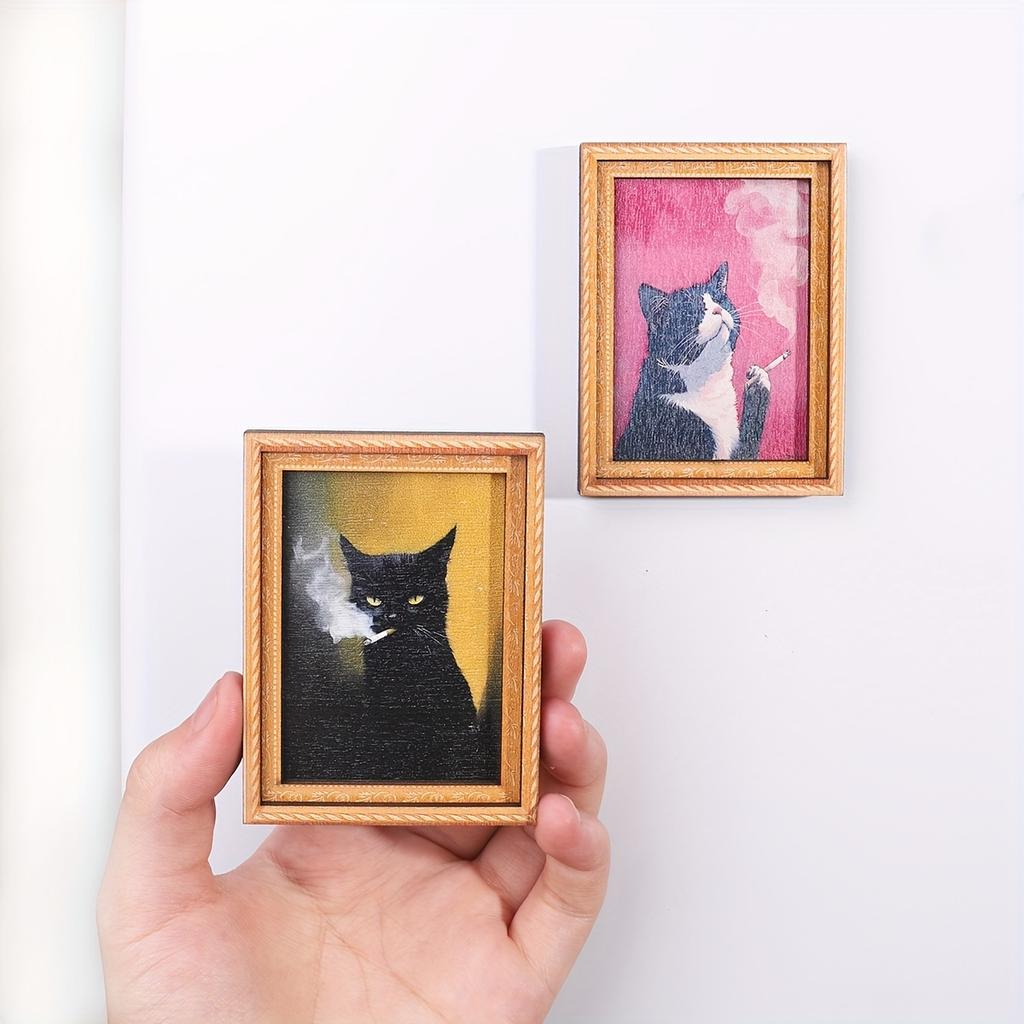 Black Cat Series Oil Painting Style Screaming Kitten Magnetic Photo Frame Wooden Vintage Magnetic Fridge Magnet