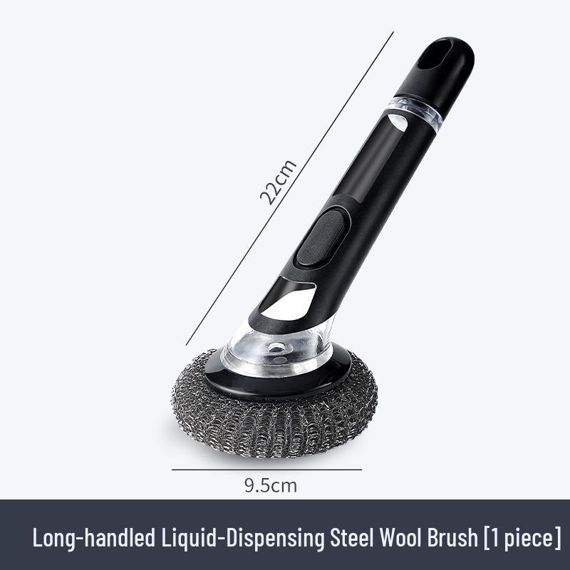 Long Handle Dishwashing Brush with Automatic Liquid Dispensing, Sponge, and Steel Wire for Pot Cleaning
