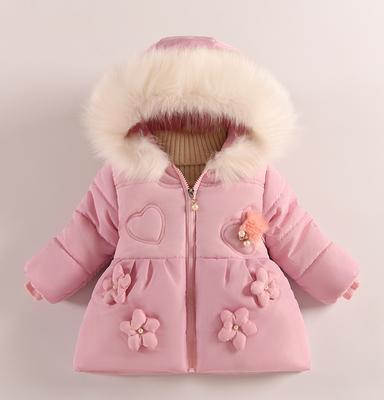 Flores Otoño Invierno Chaqueta Niñas Cuello de Piel Mantener Caliente Abrigo Princesita Capucha Cremallera Ropa Exterior Bebé 1-5 Años Ropa Niños