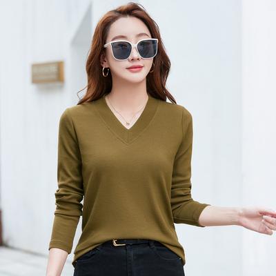 New Korean V-neck Solid Color Long-sleeved T-shirt for Women Slim Bottoming Shirt Spring Top For Ladies