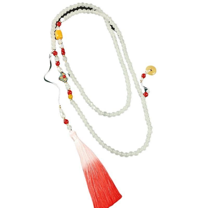 Long messenger chain high-end green glazed agate beaded necklace cheongsam sweater chain accessories women
