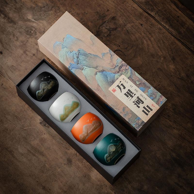 Merchandise high-end gift box tea set teacup new Chinese style green mountain flying bird outdoor souvenir festival commemoration