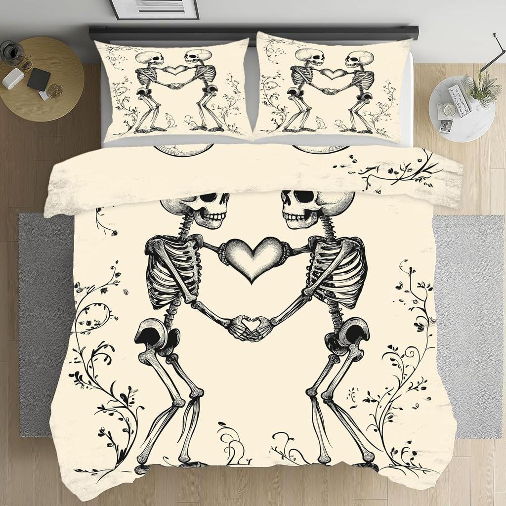 Gothic Style Skull Duvet Cover Set,Skeleton Bedding Set, Microfiber Duvet Cover Set with Zipper Closure for Teens and Adults