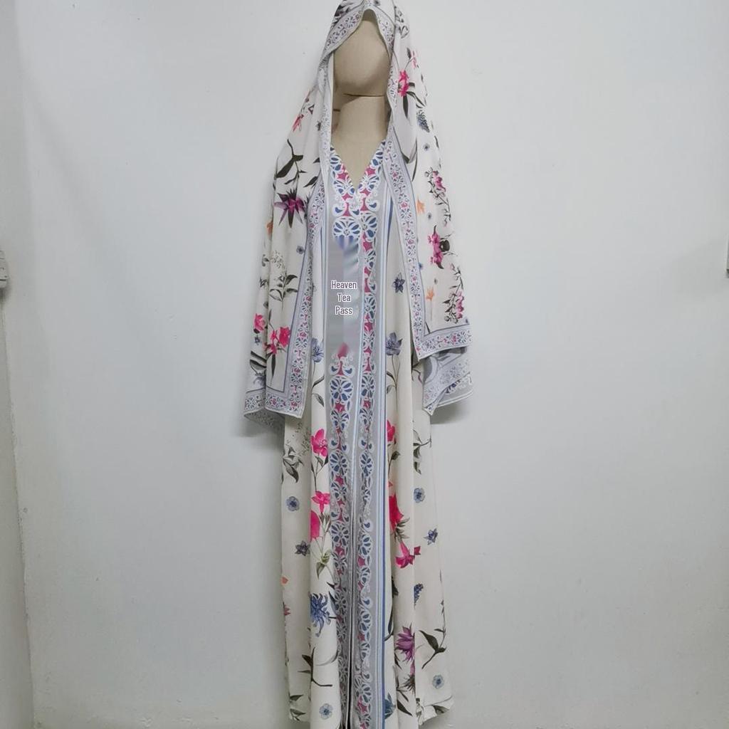 Floral Long Dress & Headscarf Two-Piece Cardigan Set