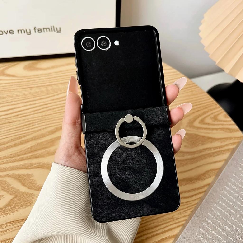 Luxury Business Sle Leather Metal Finger Ring Holder for Magsafe Magnetic Phone Case for Samsung Z Flip 7 6 5 4 3 Protect Cover